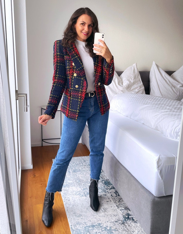 Knit Tartan Blazer Marineblau